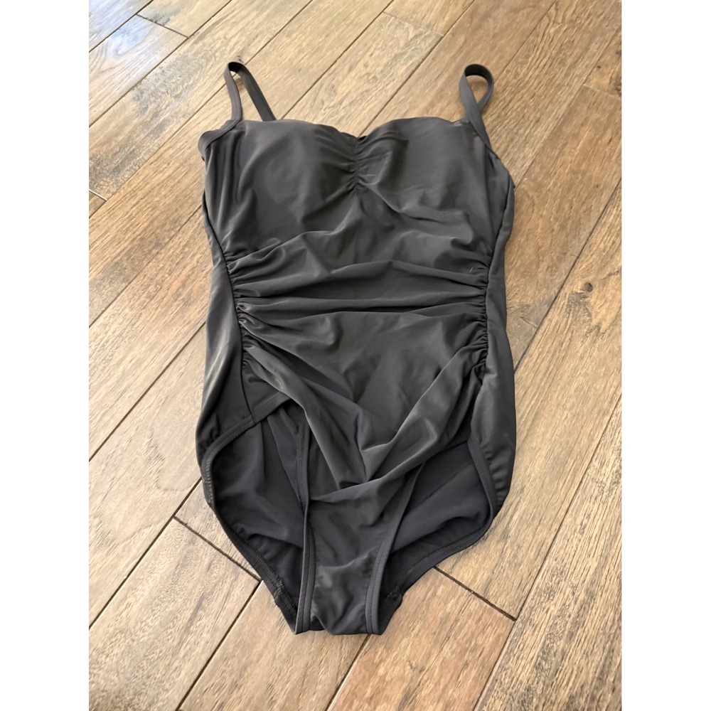 Lands' End Swimsuit Women M 10-12 Black Ruched Tummy Control UPF 50 One Piece